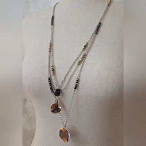 Layered Silver Tone Necklace Gold Disc & Bead Multi Strand Necklace